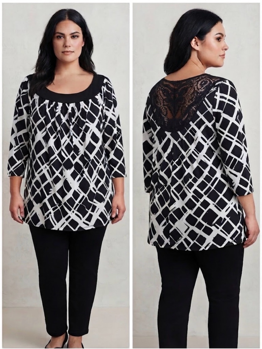 Tunic Black and White Top 1X Office Or Casual Wear Lace Detail 3/4